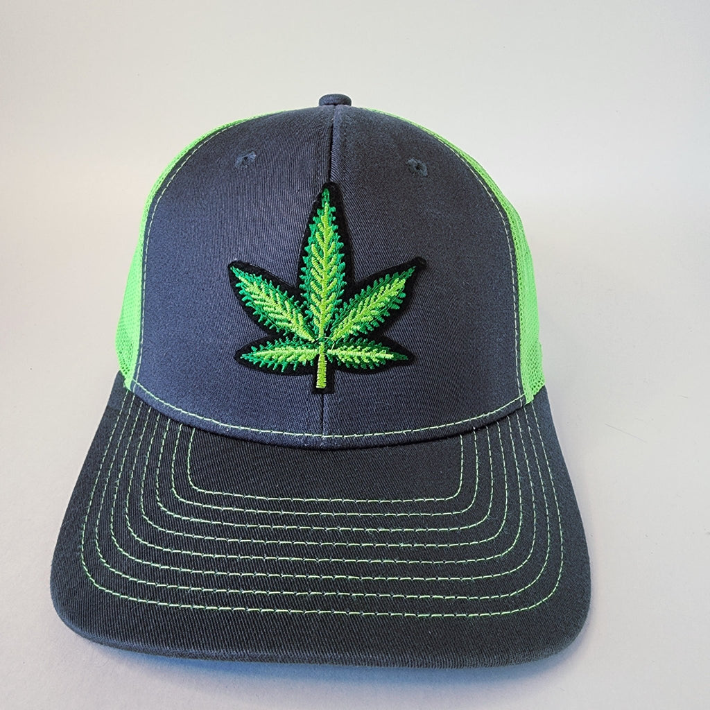 Gray and Lime Mesh Marijuana Leaf Snapback Hat - The Raveground