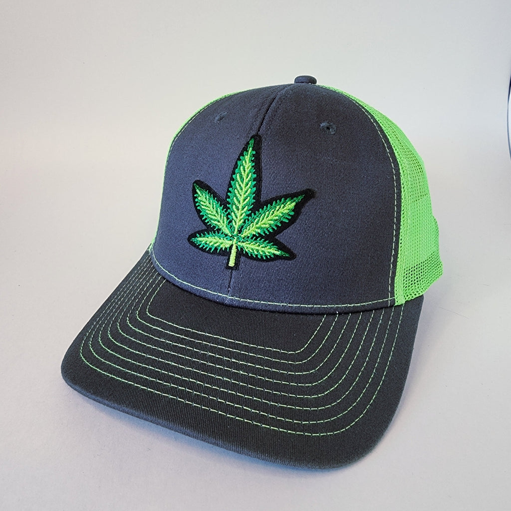 Gray and Lime Mesh Marijuana Leaf Snapback Hat - The Raveground
