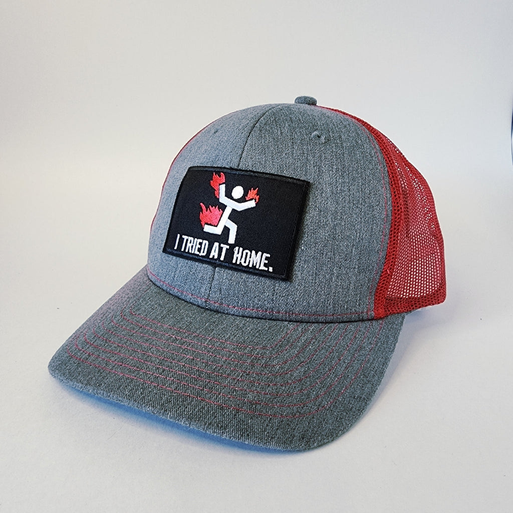 Gray and Red Mesh I Tried at Home Snapback Hat - The Raveground