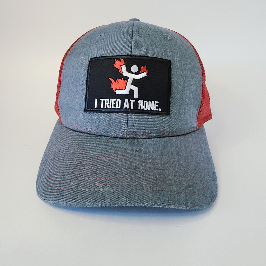 Gray and Red Mesh I Tried at Home Snapback Hat - The Raveground